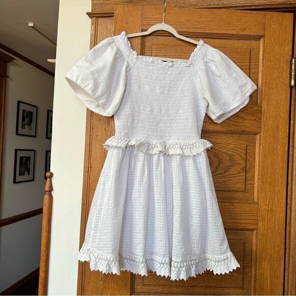Ivy City Co Dresses & Skirts - Ivy City Margot White Peplum Lace Embroidered Smocked Mini Dress